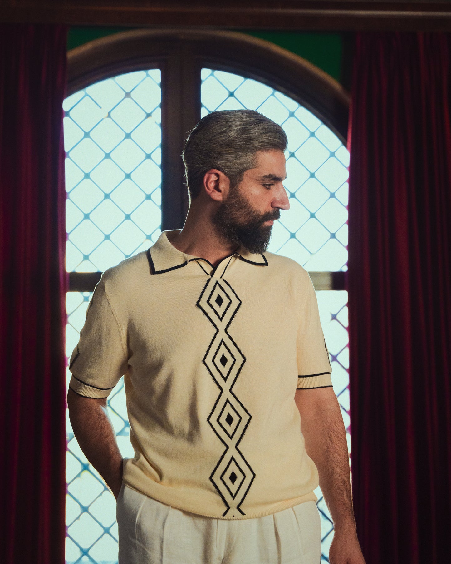 Diamond Path V-Neck Knit Polo