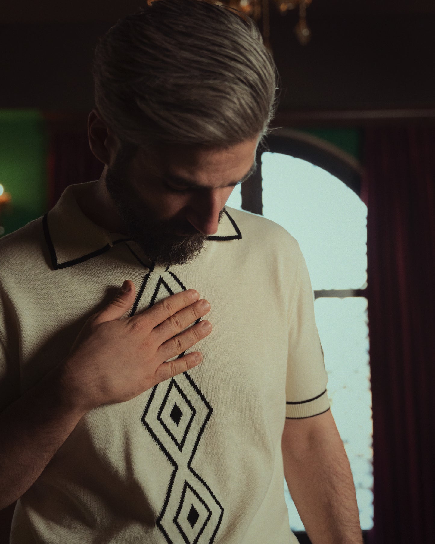 Diamond Path V-Neck Knit Polo