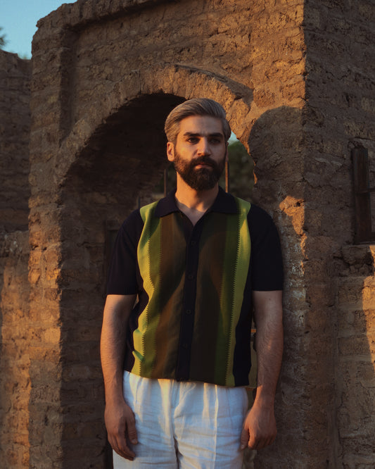 Forest Stripes Button-Down Knit Polo